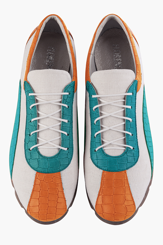 Apricot orange, pure white and turquoise blue women's three-tone elegant sneakers. Round toe. Flat rubber soles. Top view - Florence KOOIJMAN